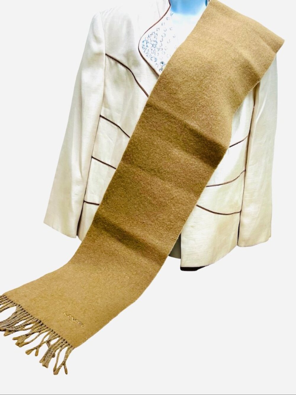 Lancel Paris   Reversible Wool Scaf 58"x10" Sand Beige  light gray Fringe(32 - Picture 11 of 13